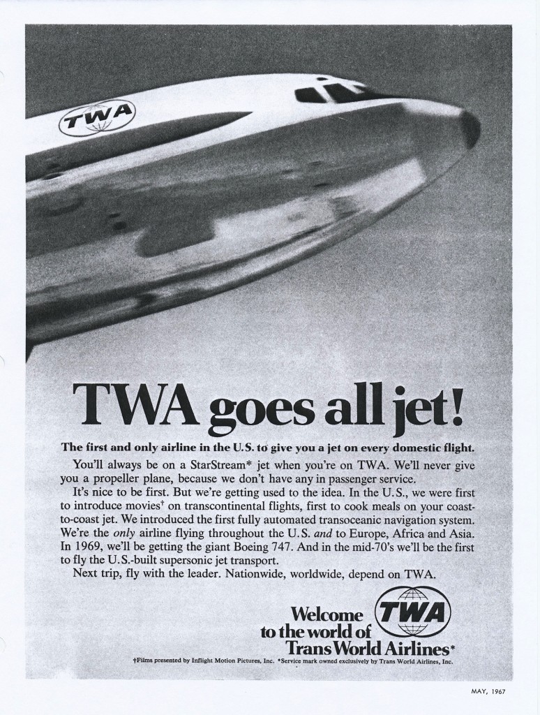 On April 6, 1967, TWA operated its last scheduled Constellation passenger flight and became the first airline to go "all jet," although 1649A Jetstream freighters soldiered on until May 11. 