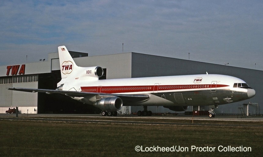 N81027, pictured at TWA's Chicago-O'Hare maintenance hangar five months after its December 1975 delivery, served as a spare aircraft until traffic picked up.