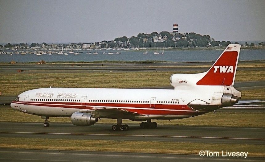 L-1011-100 N31031, pictured at Boston in 1980, flew TWA's trans-Atlantic inaugural flight on April 30, 1978, from New York to London. It was the only TriStar to receive 'L-1011 dash 100' titles on the nose and center engine inlet, with the registration moved down to just above the aft window line