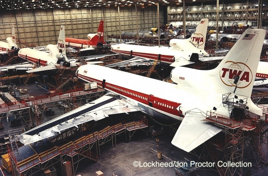Five of TWA's second batch of six TriStars dominate the Palmdale plant assembly line in this 1973 photo.