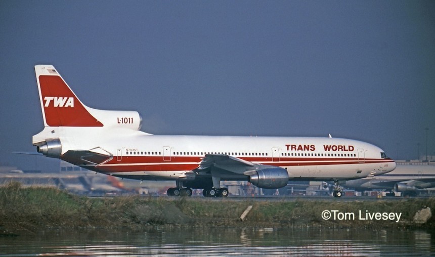 N7035T, one of five new-build L-1011-100s for TWA, ready for departure on Runway 1-Right at San Franicsco International, December 11, 1982. By then the TRANS WORLD titles had been filled in for better visibility.