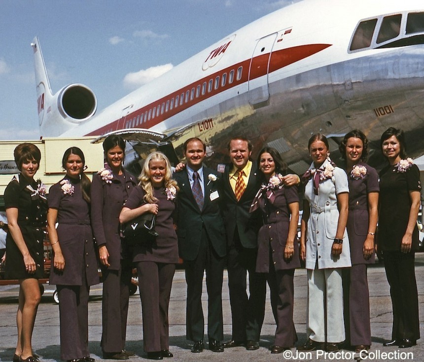 As a TWA Director of Customer Service (DCS), I was fortunate to be on the L-1011 inaugural flight, June 25, 1972, from St Louis to Los Angeles, serving as an instructor. That's me in the dark suit with garish yellow and maroon tie. More on my TriStar experiences can be found here.  ©Jon Proctor