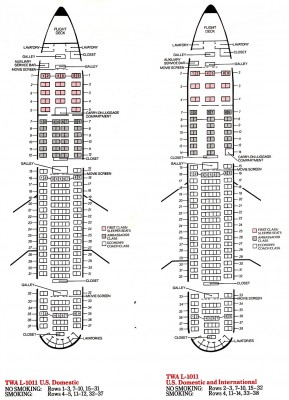 The domestic and international seat diagrams as seen in the July 1985 timetable (click on the image for a larger view). Compare them with the original layout at the top of this story. ©Jon Proctor Collection
