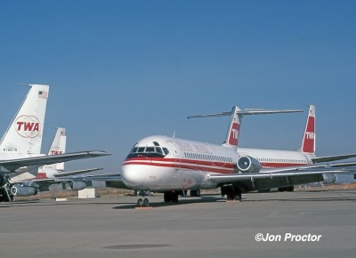 Both the original Nines and straight-pipe 707-331s were leaving TWA's fleet about the time I worked them. Withdrawn aircraft are seen at the TWA overhaul base in 1979.