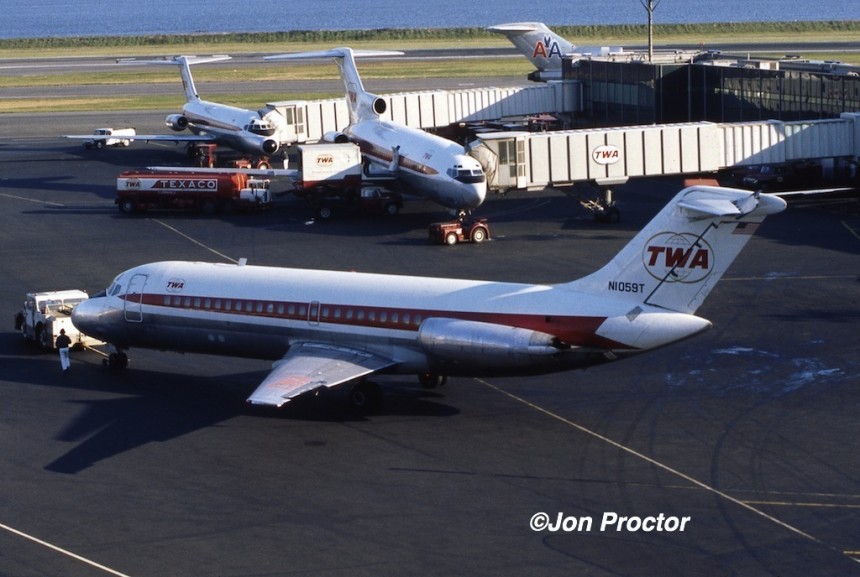 Close-in La Guardia Airport was a pleasant alternative to JFK. Two original TWA DC-9s are seen in this 1971 picture. 